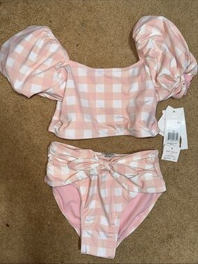 Habitual Kid Pink and White Gingham Puff Sleeve Bikini Set ~UPF50+